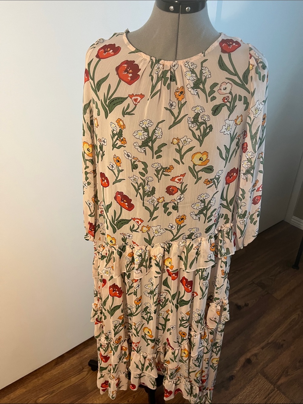 eva mendes for New York & Company Beige Floral Ruffle Midi Dress